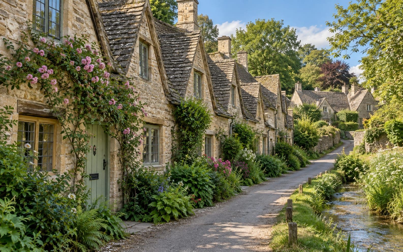 Cottages built from honey-coloured Cotswold stone along a village lane