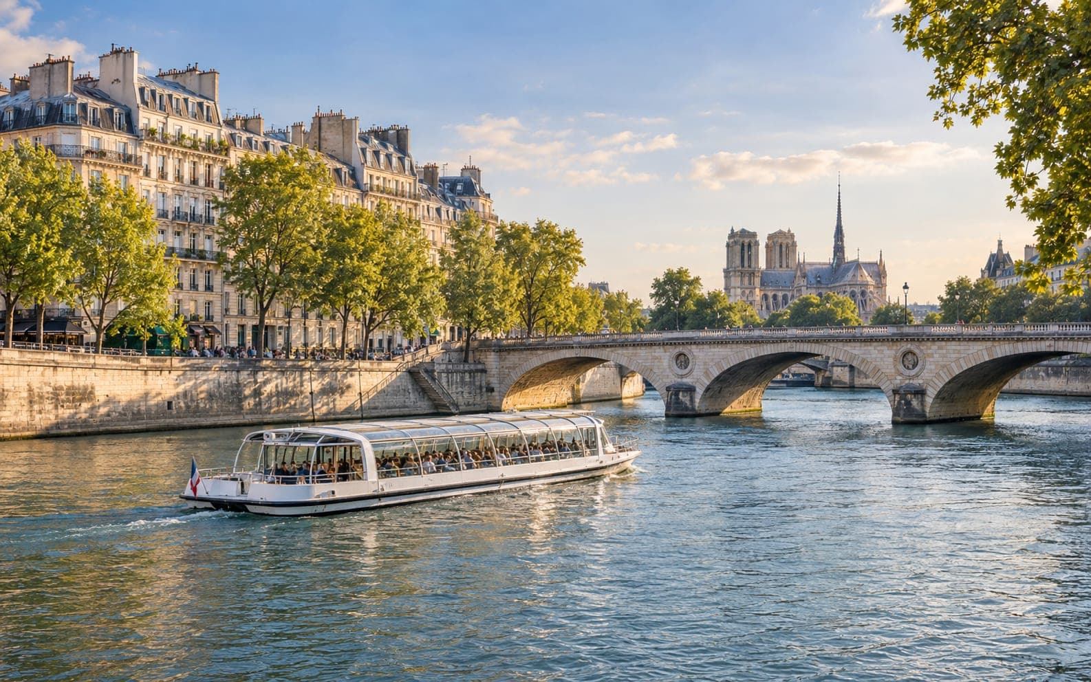 A tour boat passing beneath a bridge on the River Seine