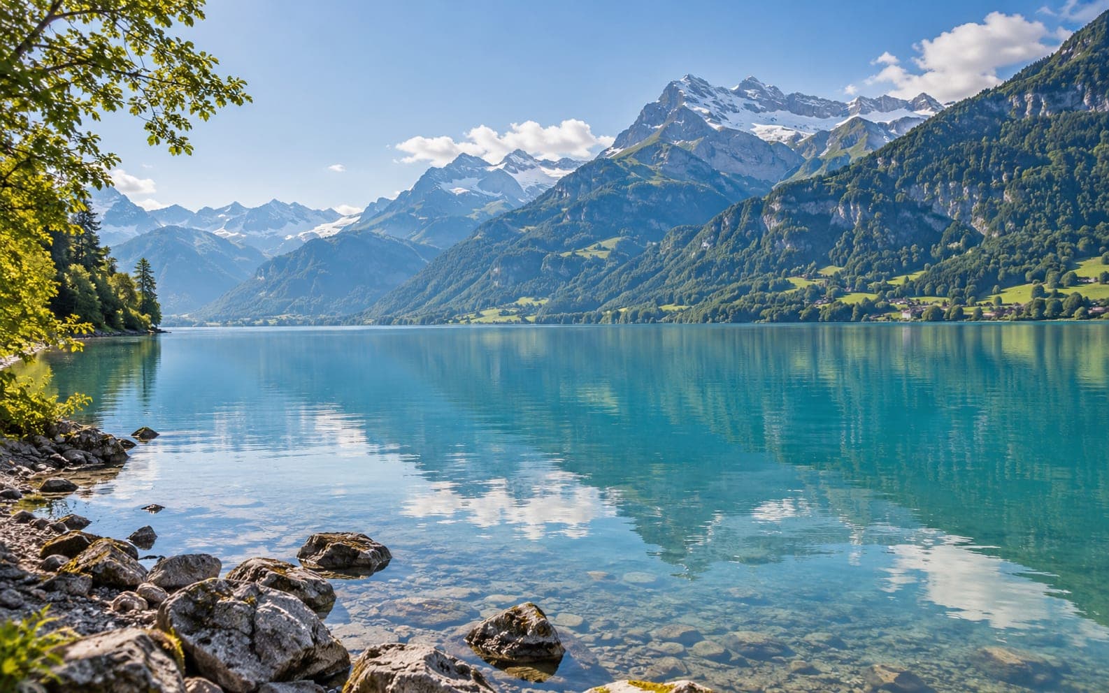 A turquoise Alpine lake with mountains reflected in still water