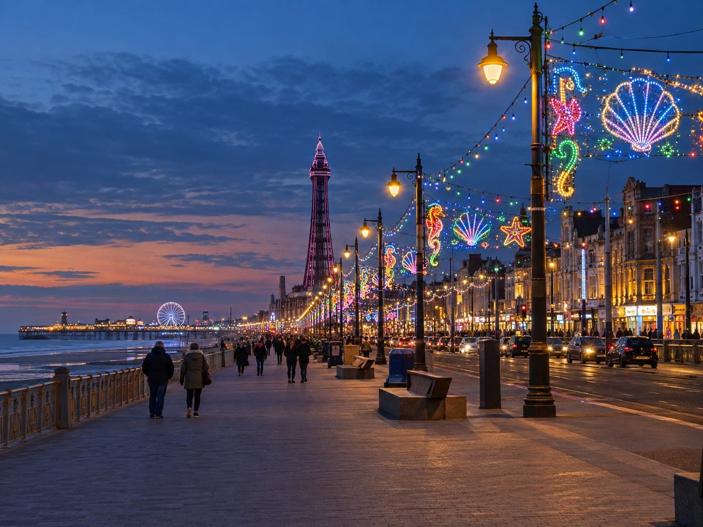 Coloured illuminations strung along a seafront at night