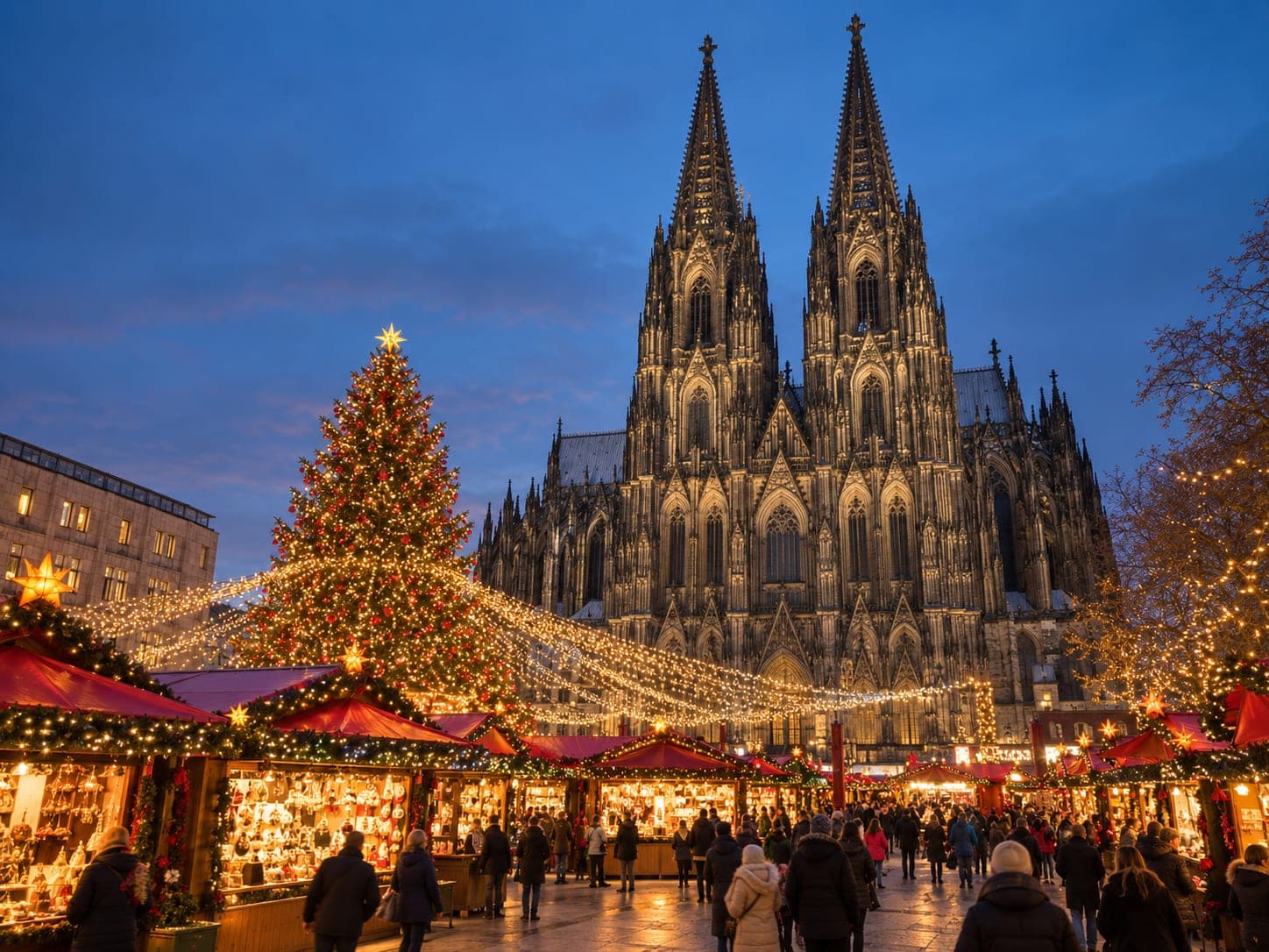 The twin spires of Cologne Cathedral above a Christmas market