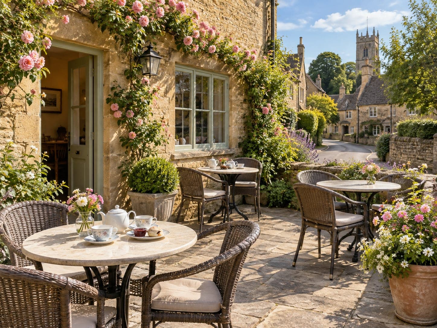 A tearoom terrace with tables set out in the sunshine