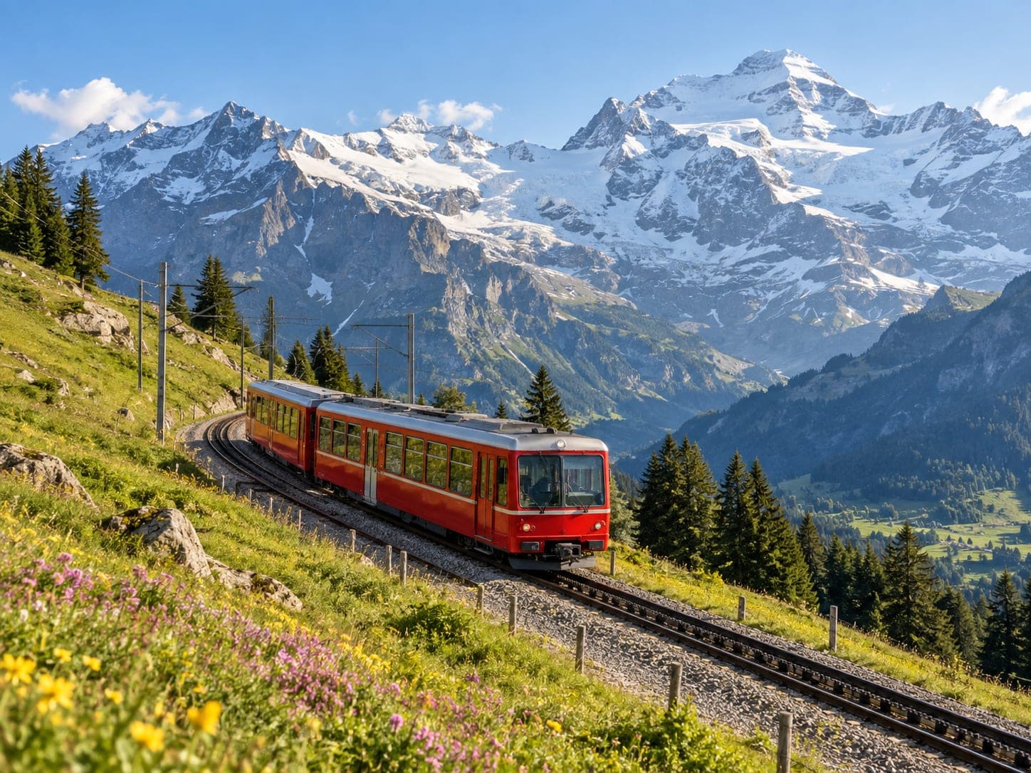 A red mountain railway carriage climbing a steep track