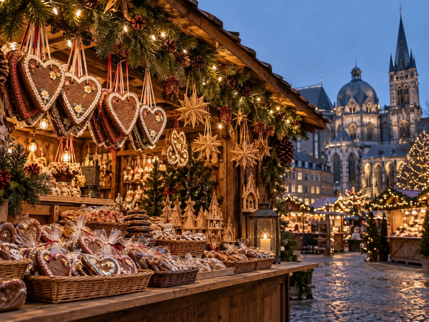 A stall selling gingerbread and decorations under strings of lights