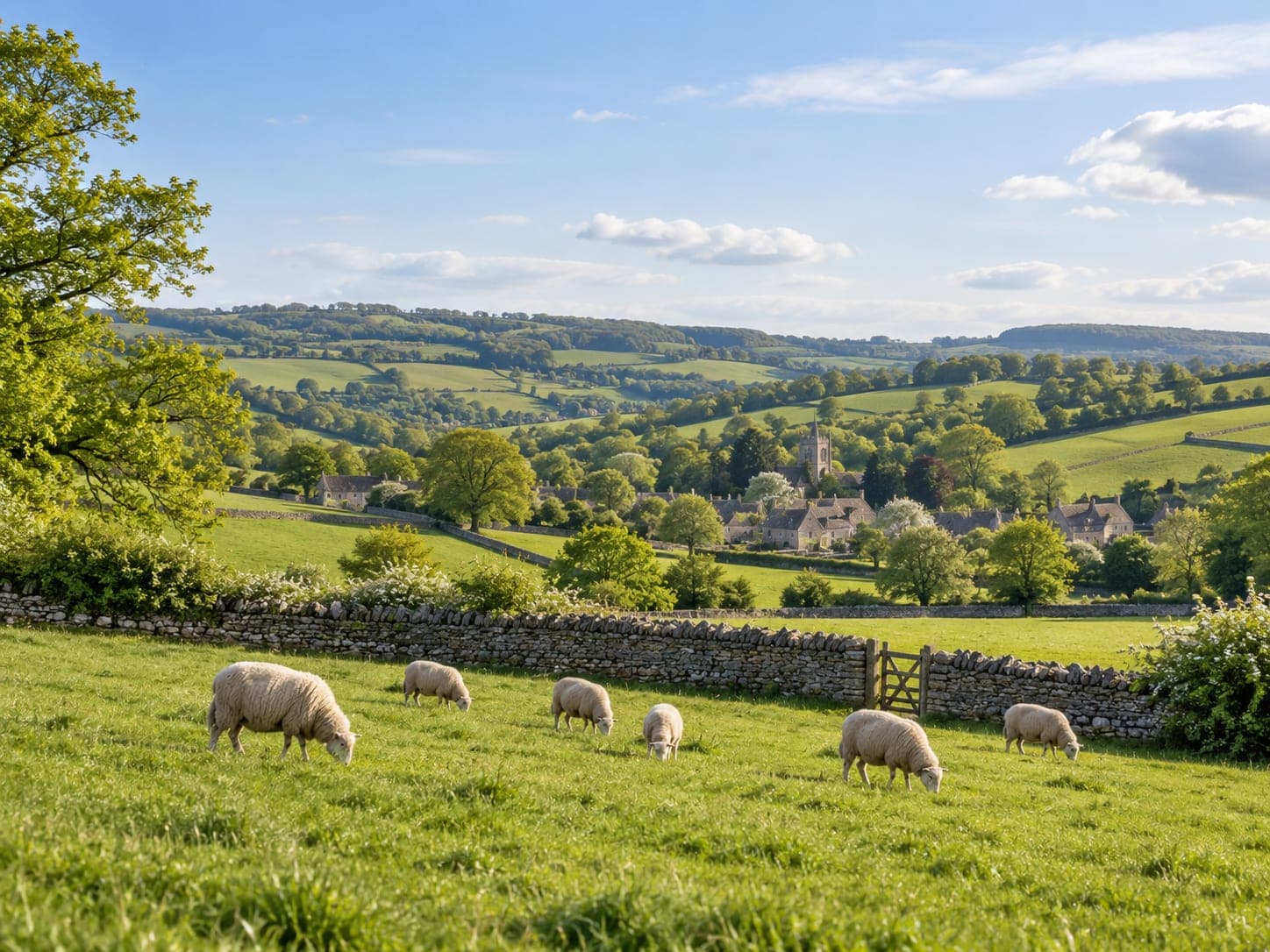 Sheep grazing on rolling green hills under a wide sky