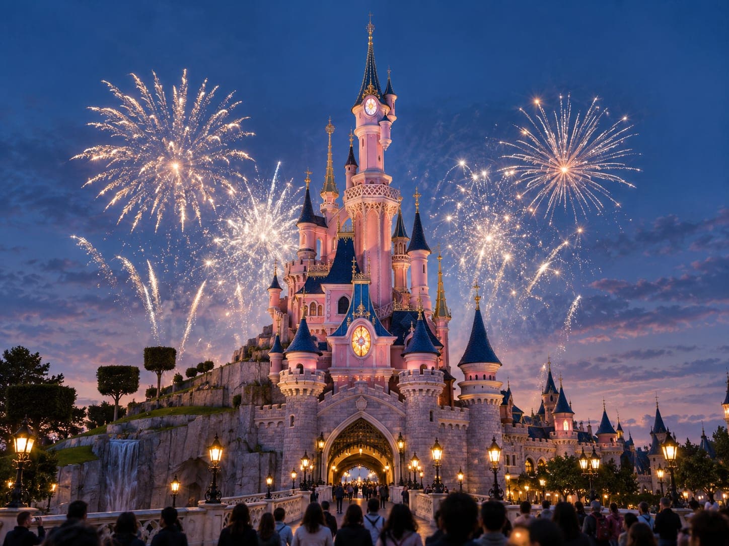 Fireworks bursting above a theme park castle at night