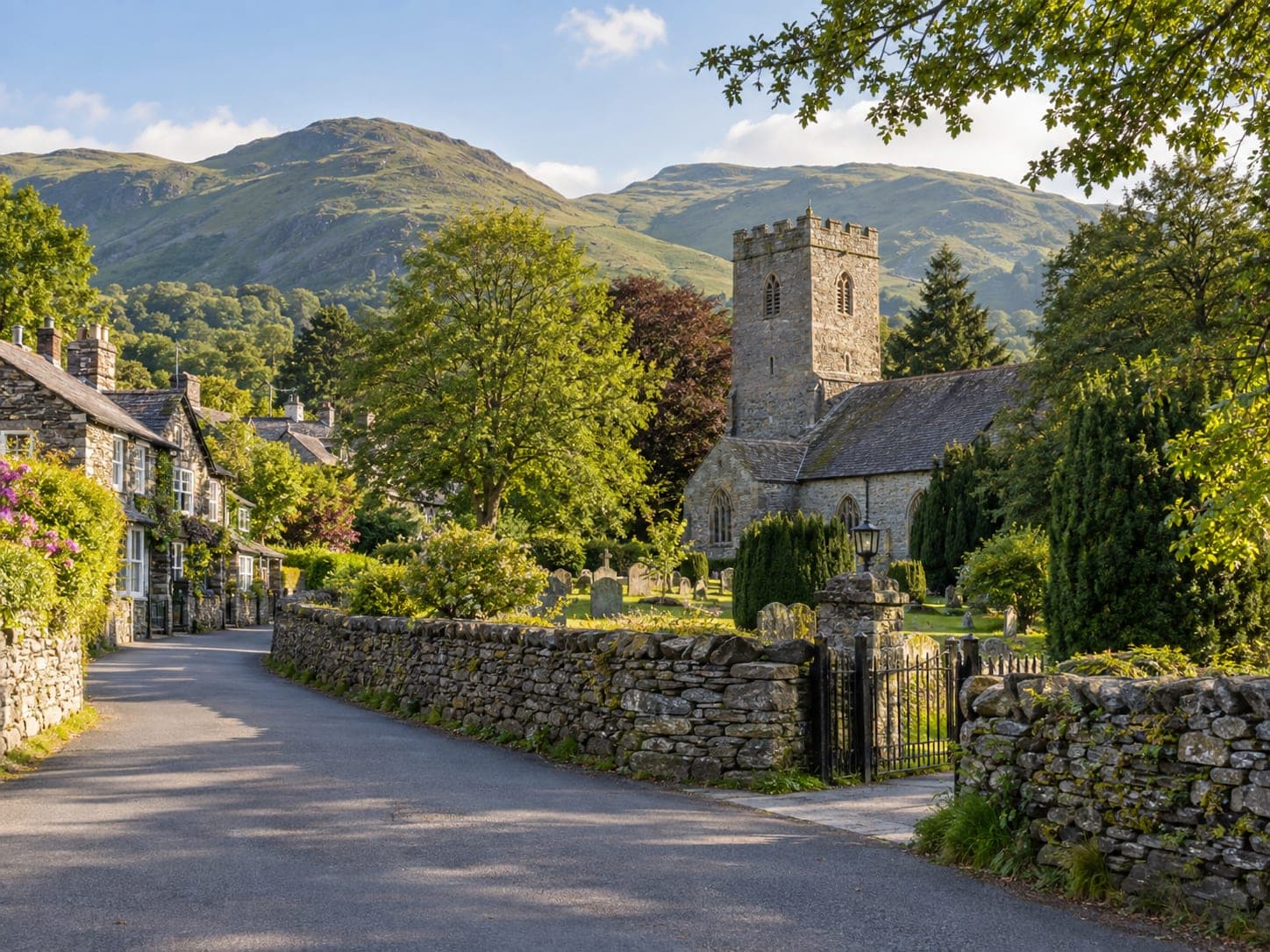 Slate cottages and a churchyard in the village of Grasmere