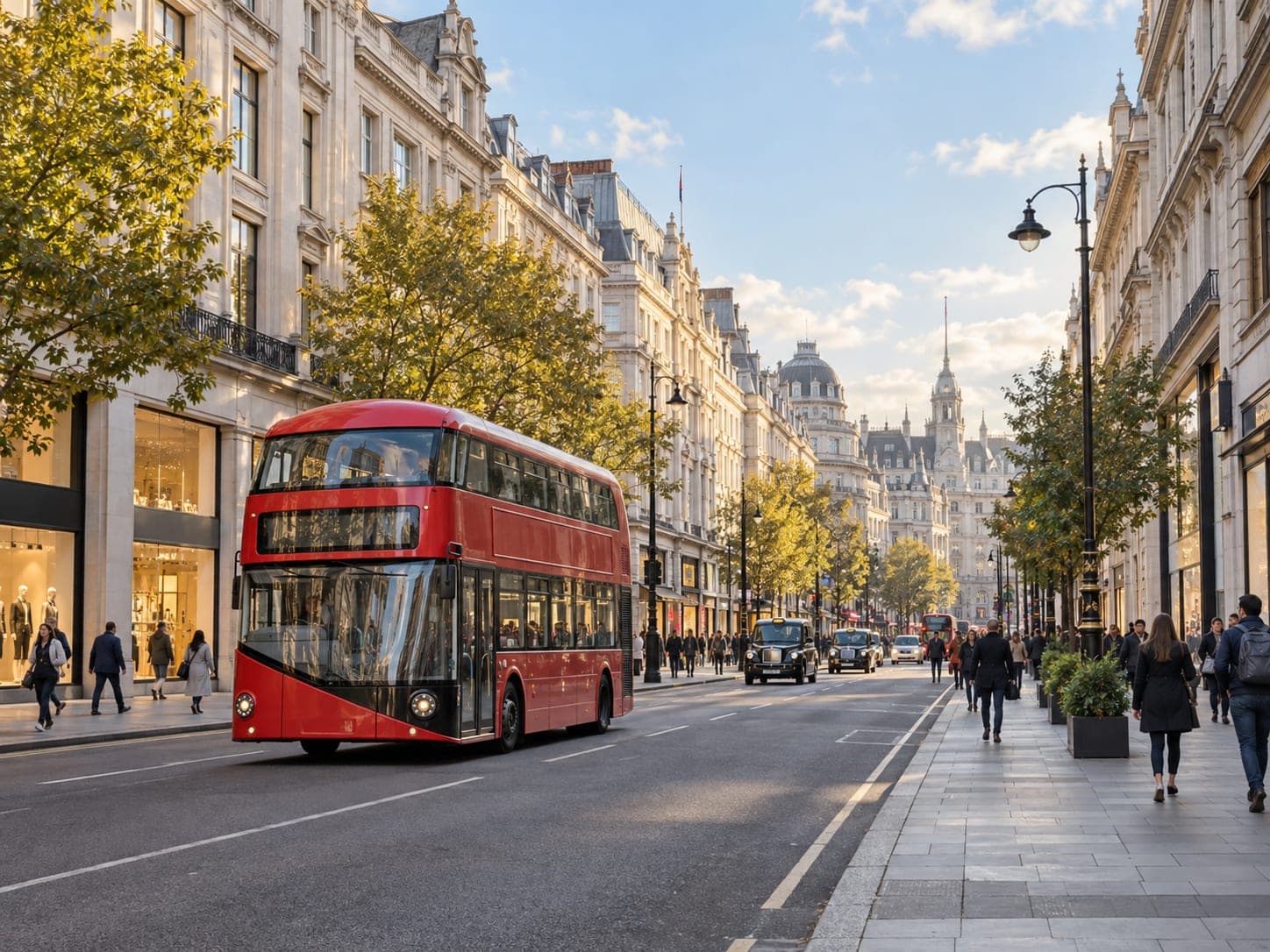 A red double-decker bus passing shopfronts on Oxford Street