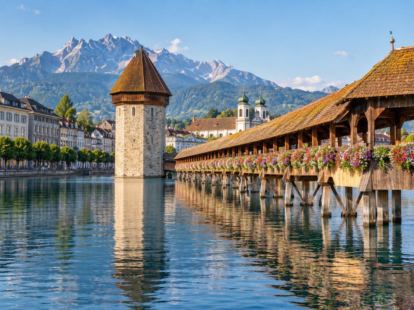 The covered wooden Chapel Bridge across the river in Lucerne