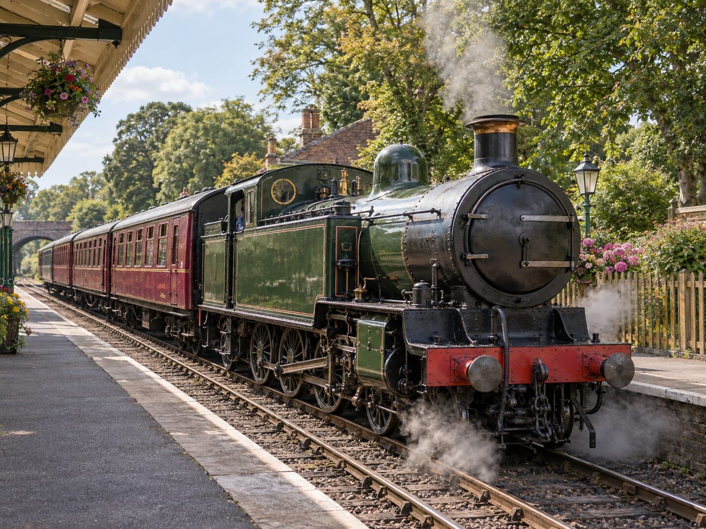 A restored steam locomotive at an island station platform