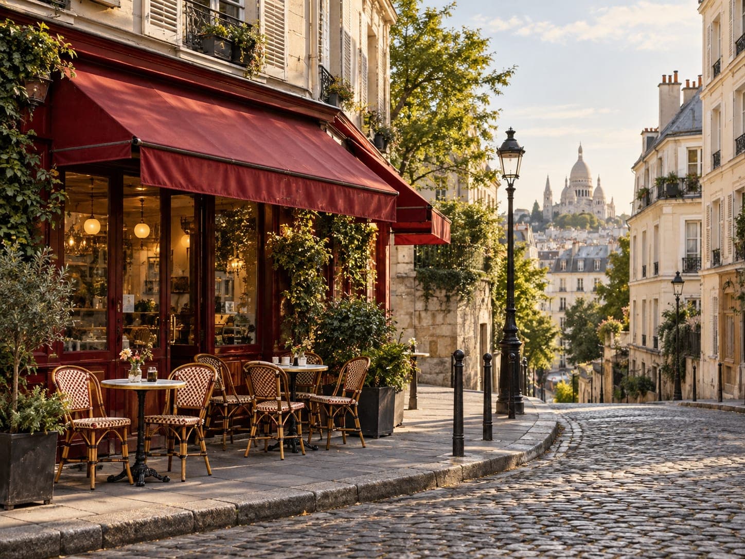 A Paris street of tall shuttered buildings with a café on the corner