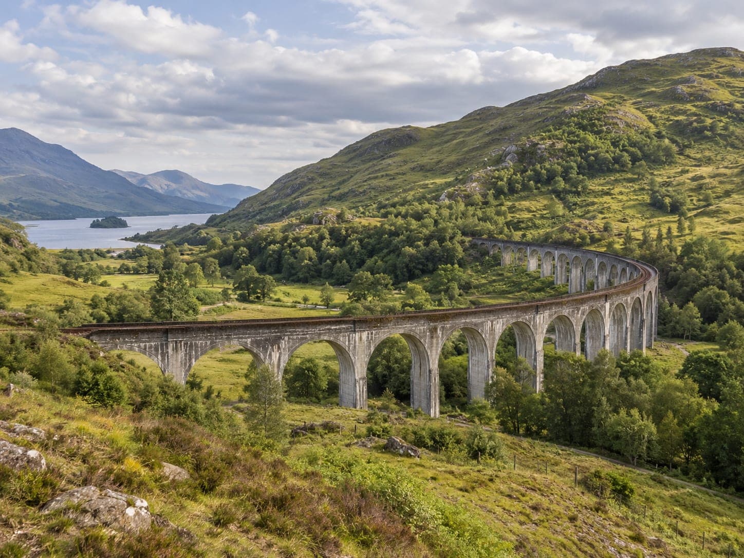 A stone viaduct curving through a Highland glen
