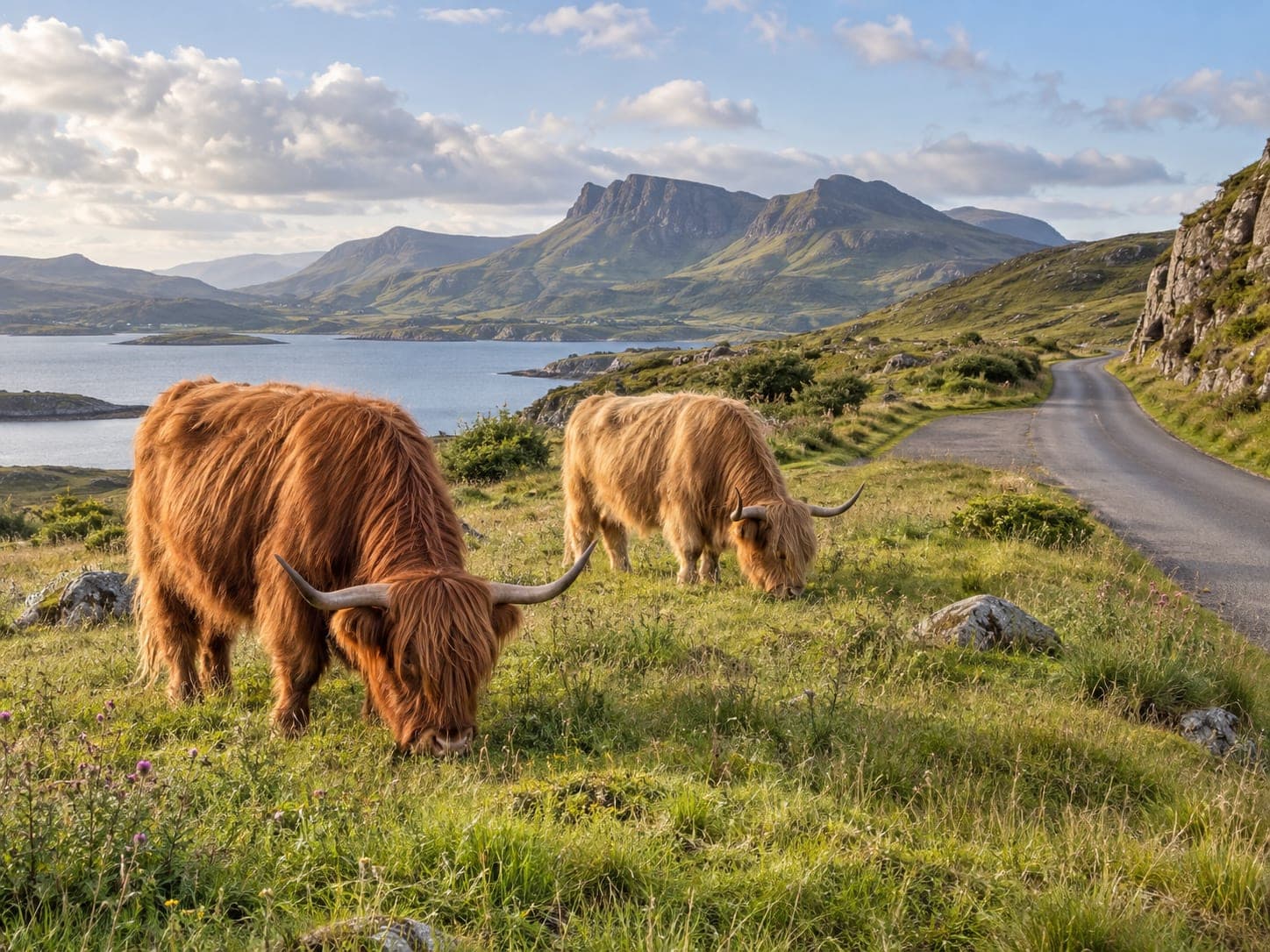 Highland cattle grazing beside a single-track road