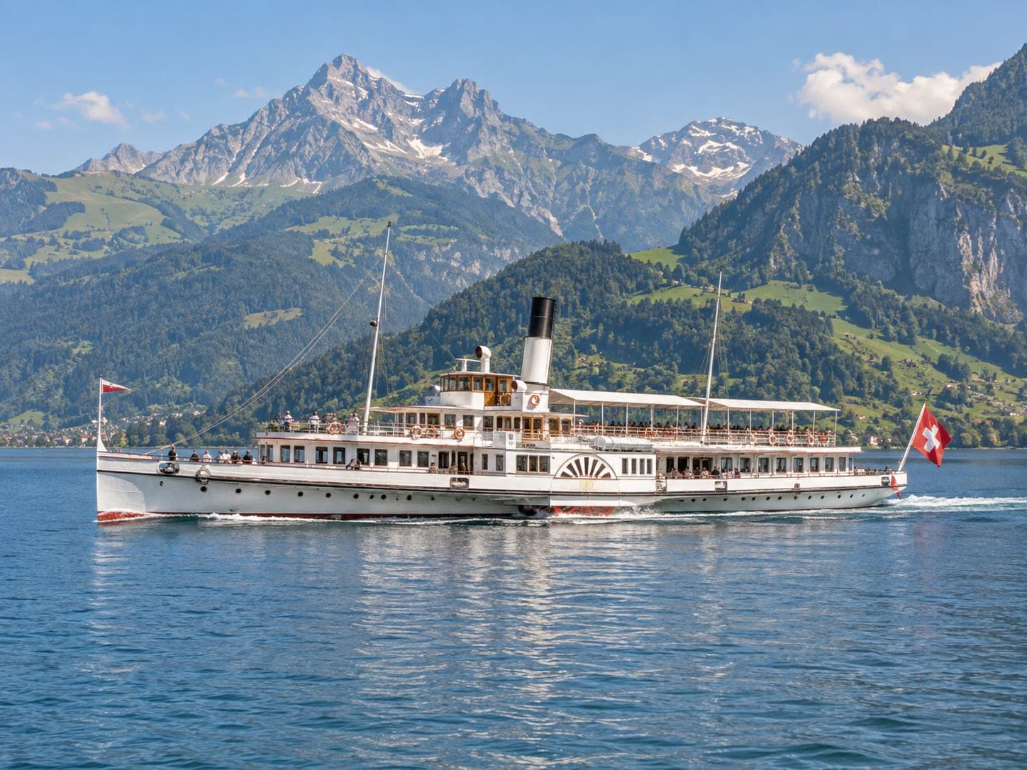 A paddle steamer crossing an Alpine lake