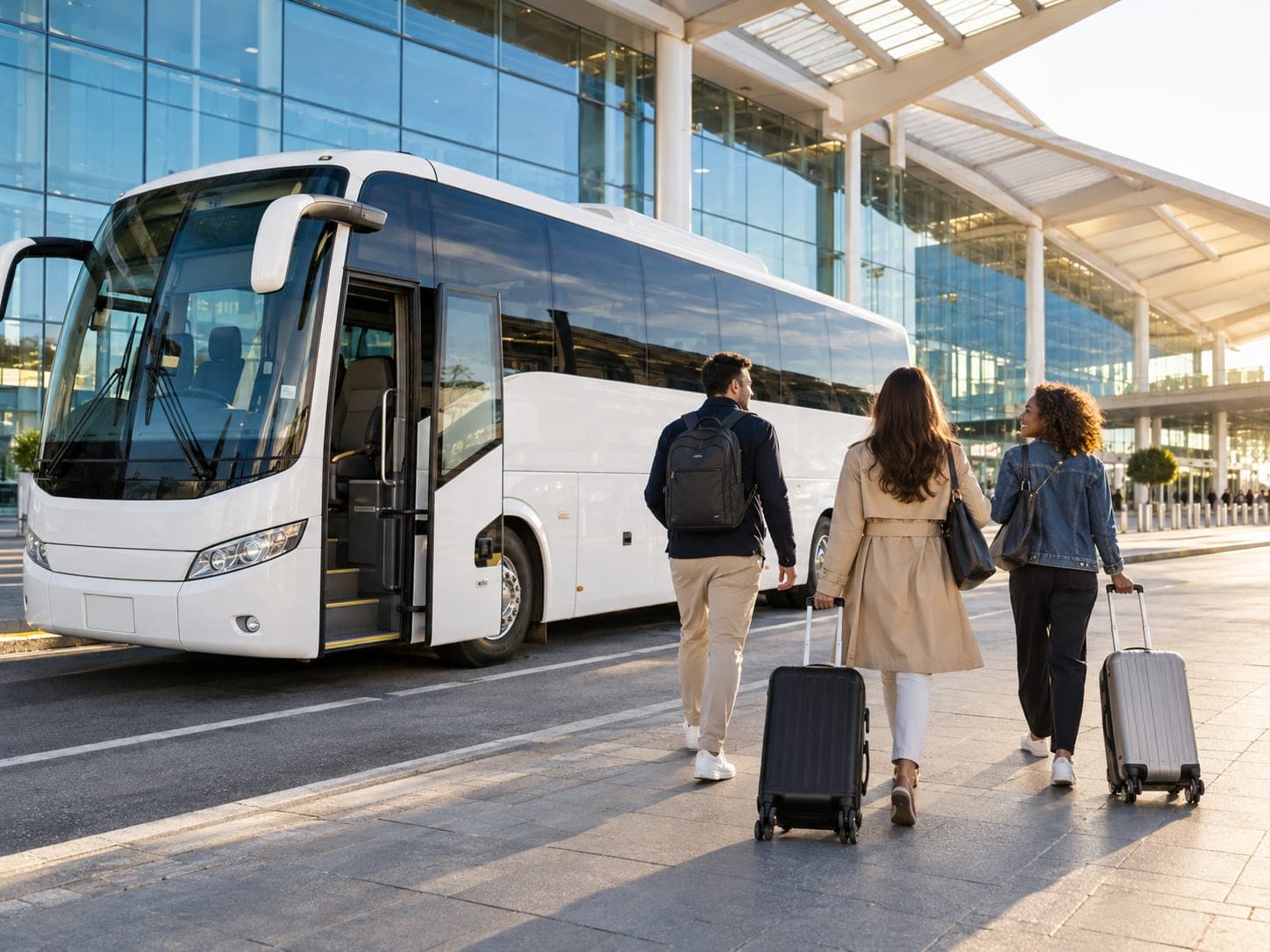 Passengers wheeling suitcases towards a waiting coach outside an airport terminal