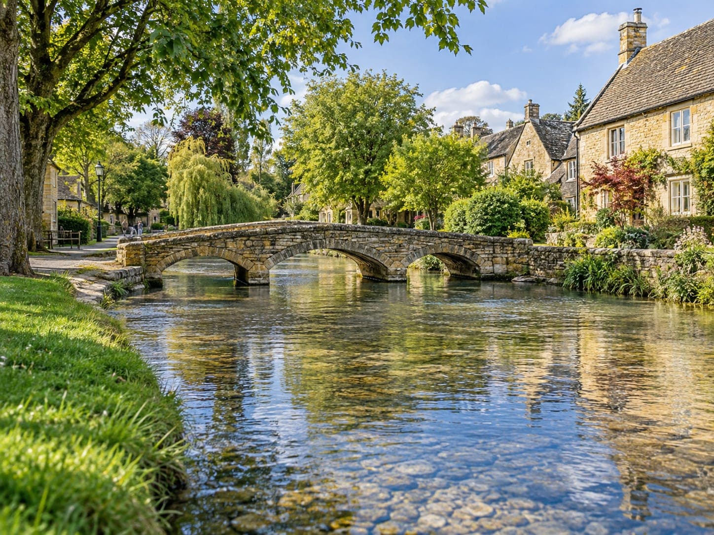 A stone footbridge over the shallow river running through a Cotswolds village
