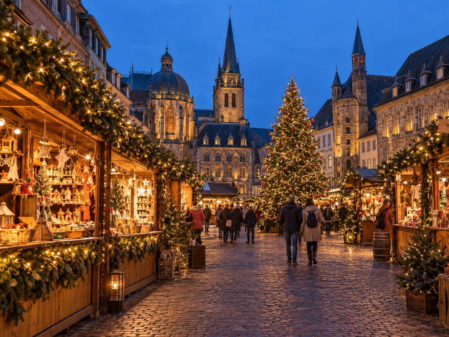 Lit stalls and a Christmas tree in a European market square at dusk
