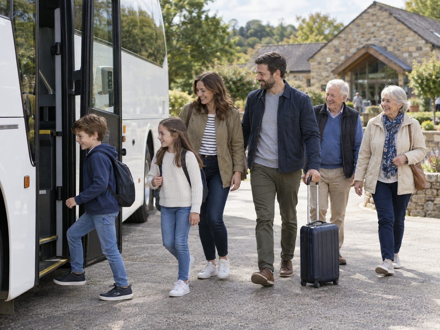A family group boarding a coach with luggage on a bright morning