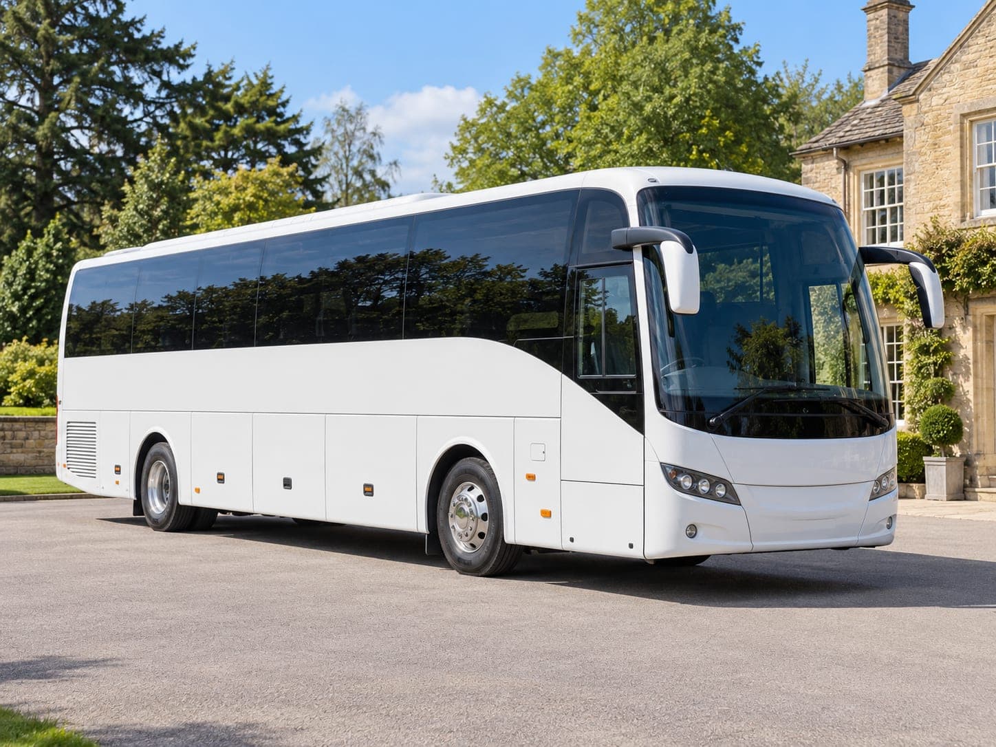 A white touring coach parked on the drive of a Cotswold stone house