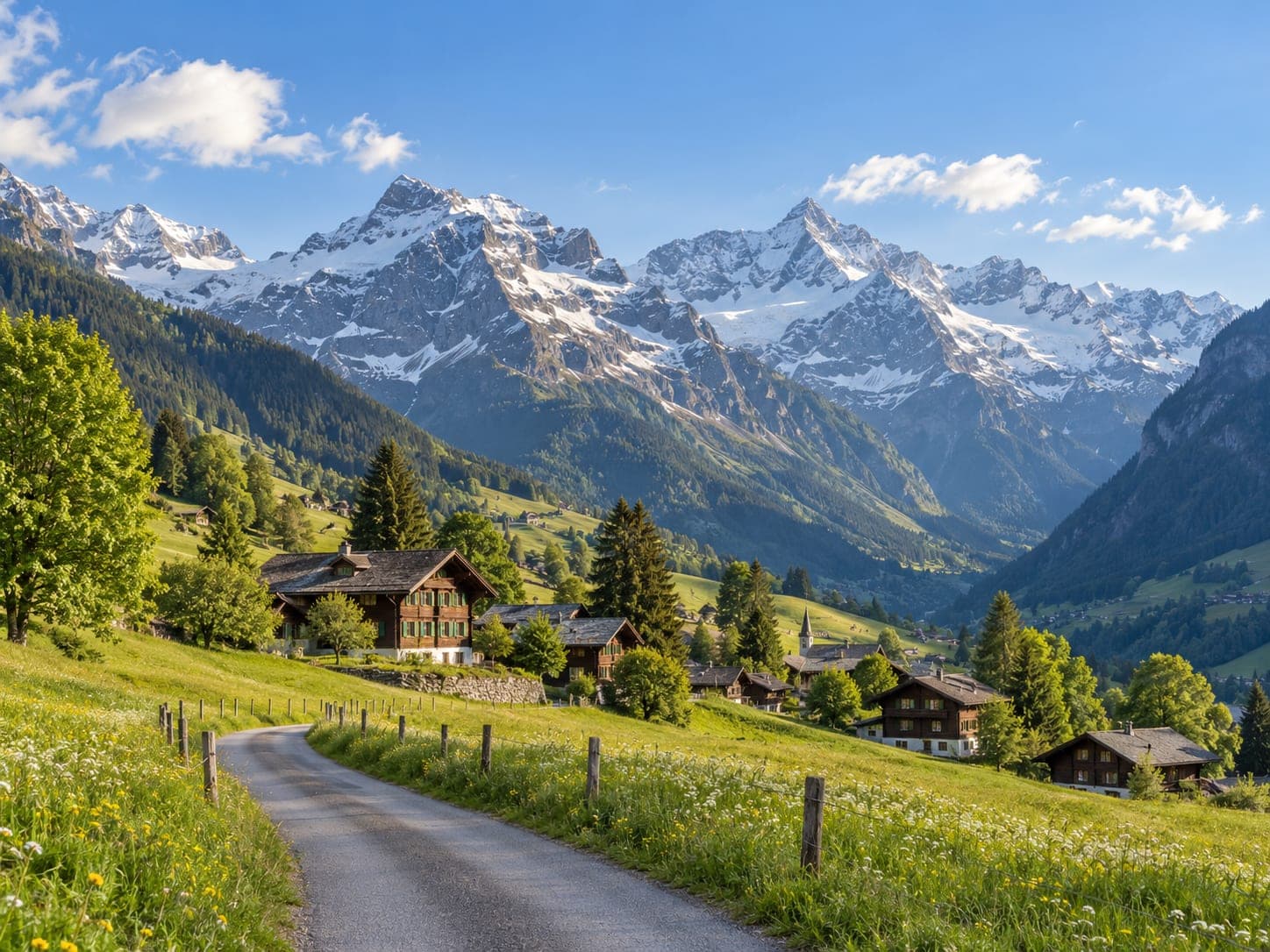 Snow-capped Alpine peaks rising above a green valley and wooden chalets