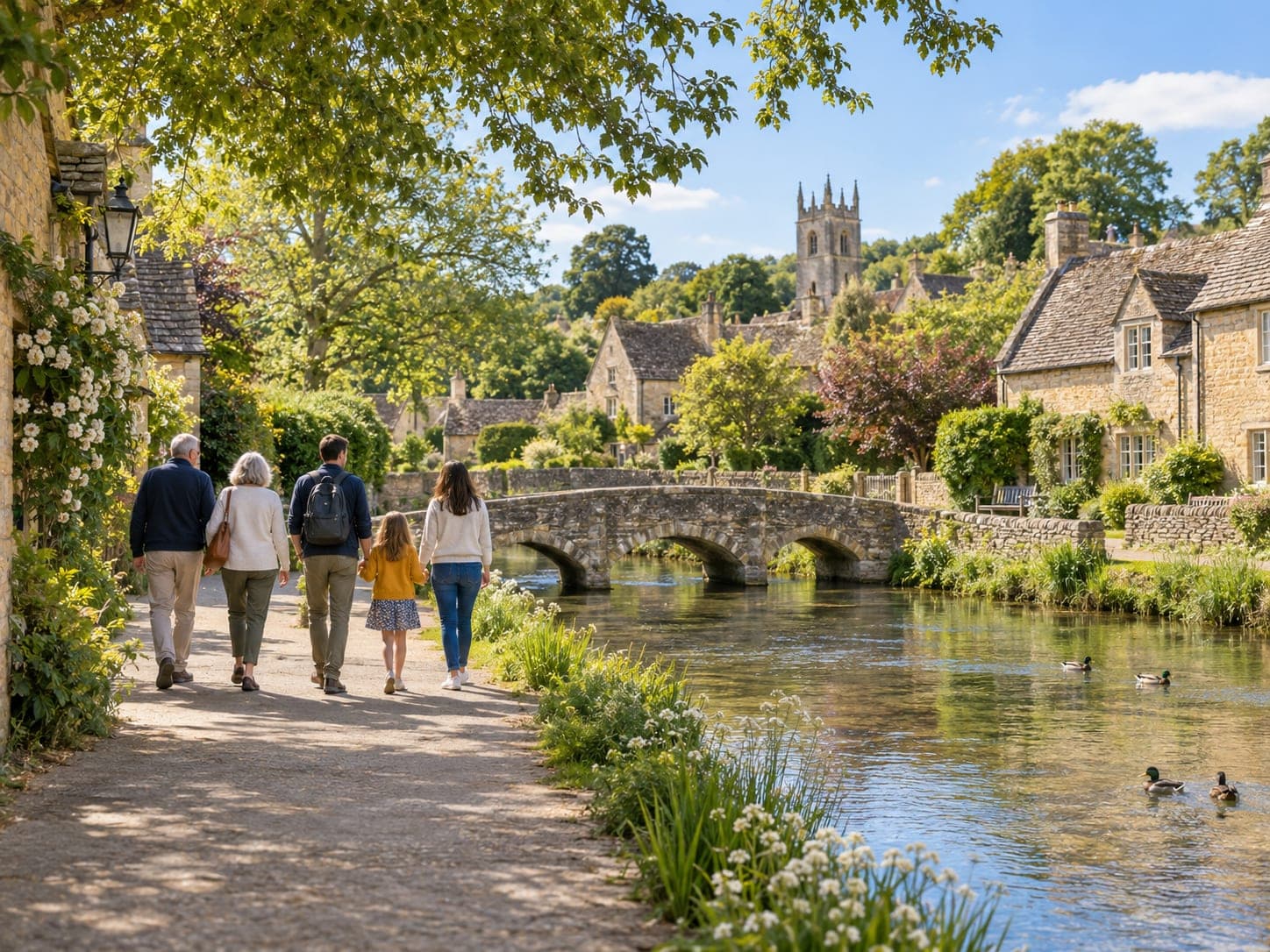 A family walking a riverside path through an English village of honey-coloured stone